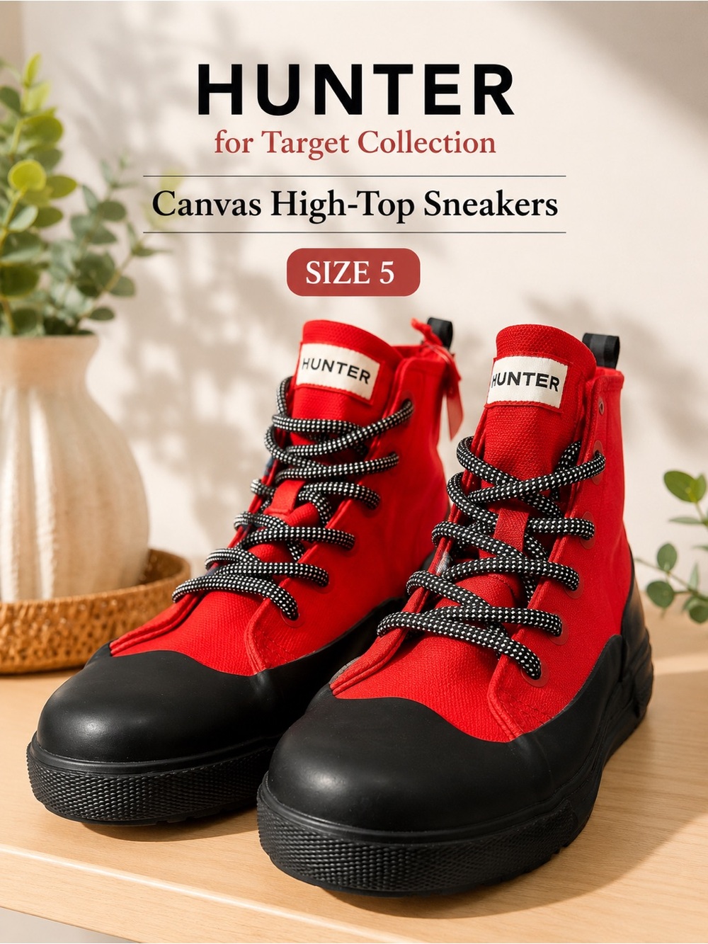 Hunter Red and Black Canvas High-Top Sneakers Size 5